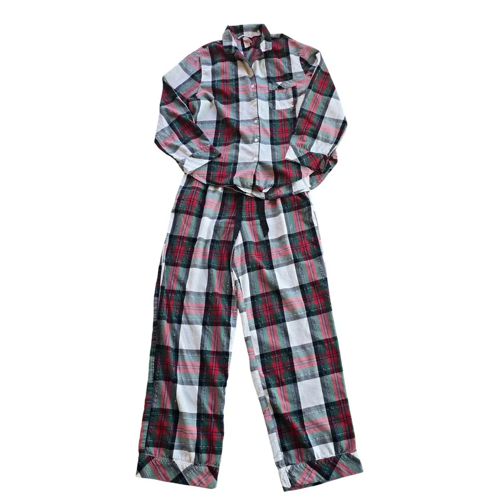Victoria's Secret -430 Flannel‎ Pajama Set Womens Medium Red Green Plaid